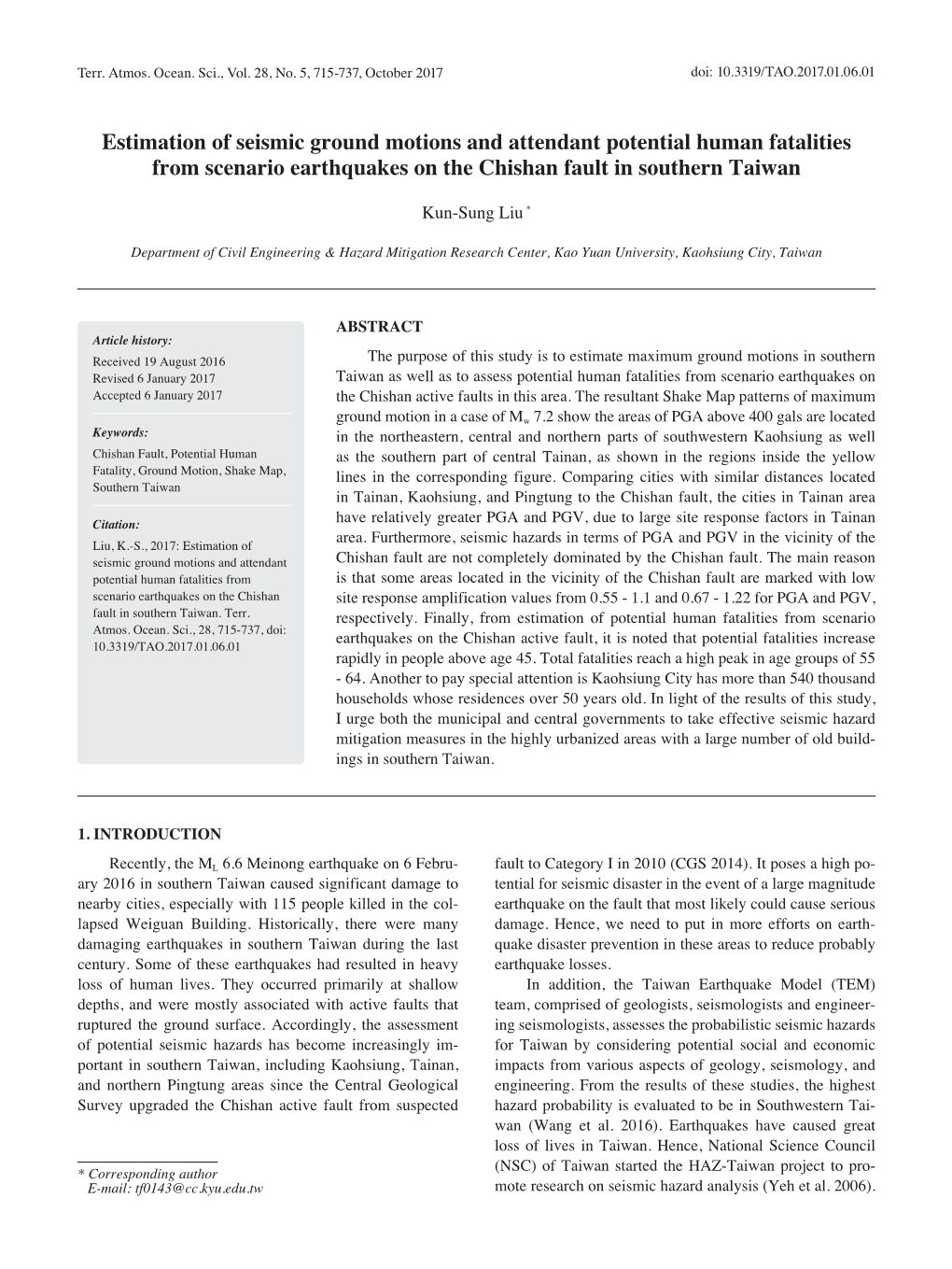 Estimation of Seismic Ground Motions and Attendant Potential Human Fatalities from Scenario Earthquakes on the Chishan Fault in Southern Taiwan