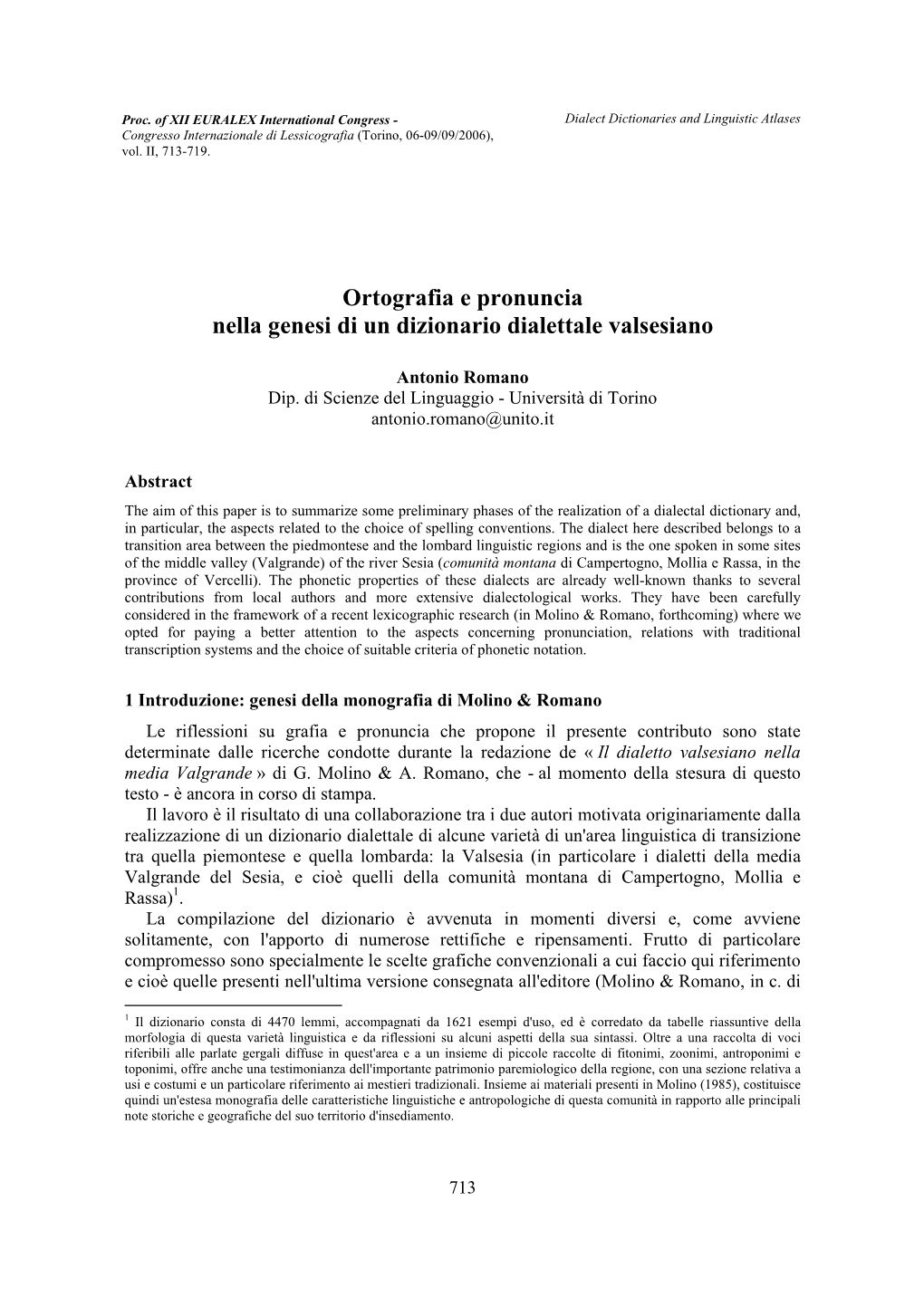 Ortografia E Pronuncia Nella Genesi Di Un Dizionario Dialettale Valsesiano