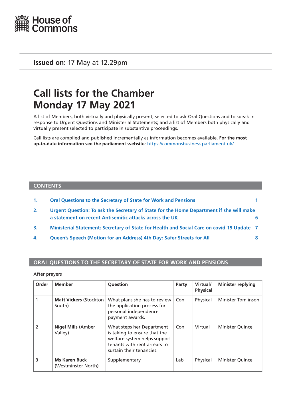 Call Lists for the Chamber Monday 17 May 2021