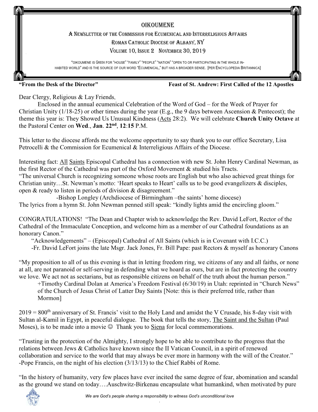 Oikoumene a Newsletter of the Commission for Ecumenical and Interreligious Affairs Roman Catholic Diocese of Albany, Ny Volume 10, Issue 2 November 30, 2019