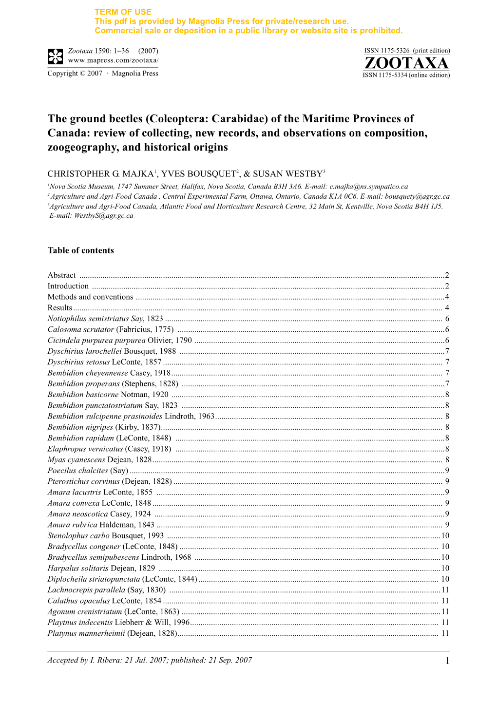 Coleoptera: Carabidae) of the Maritime Provinces of Canada: Review of Collecting, New Records, and Observations on Composition, Zoogeography, and Historical Origins