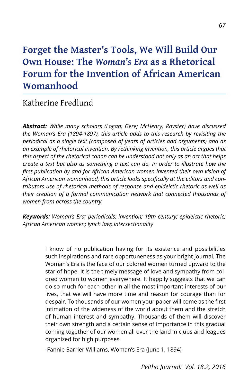 The Woman's Era As a Rhetorical Forum for the Invention of African A
