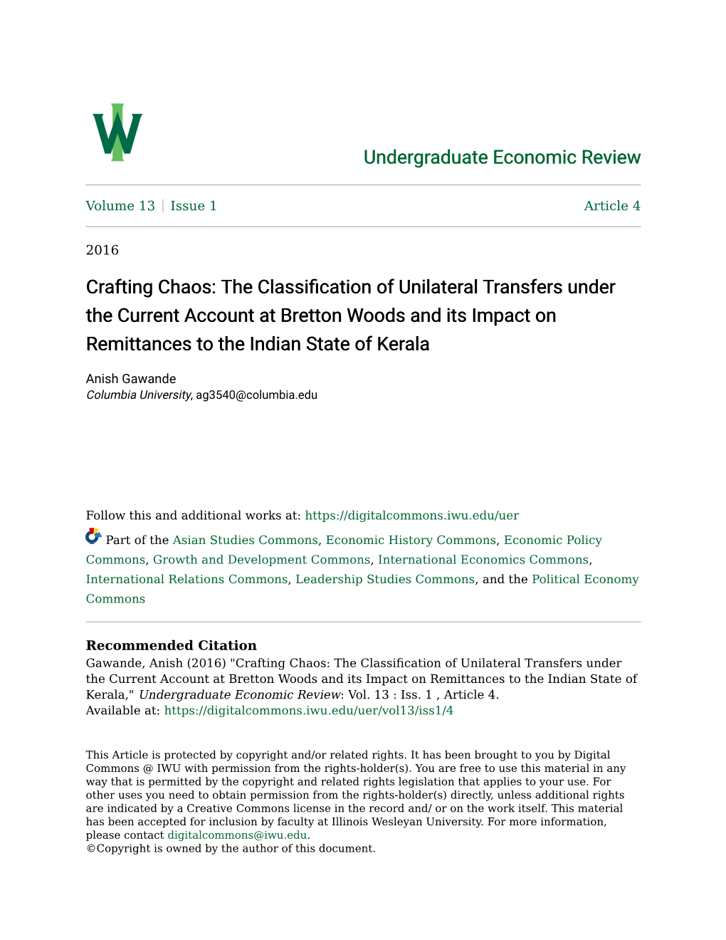 Crafting Chaos: the Classification of Unilateral Transfers Under the Current Account at Bretton Woods and Its Impact on Remittances to the Indian State of Kerala