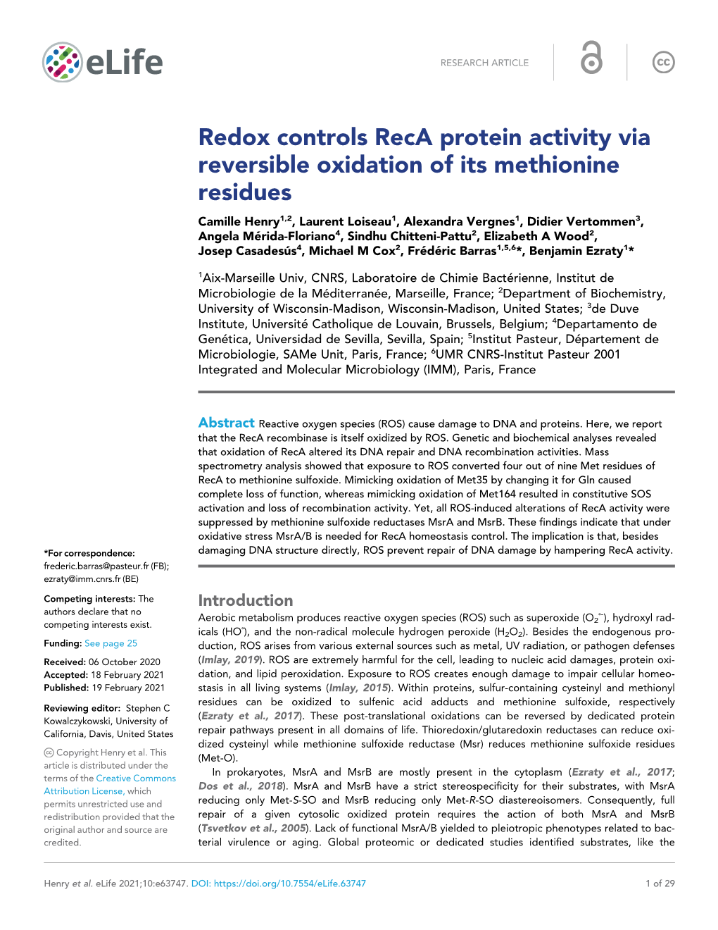 Redox Controls Reca Protein Activity Via Reversible Oxidation of Its Methionine Residues