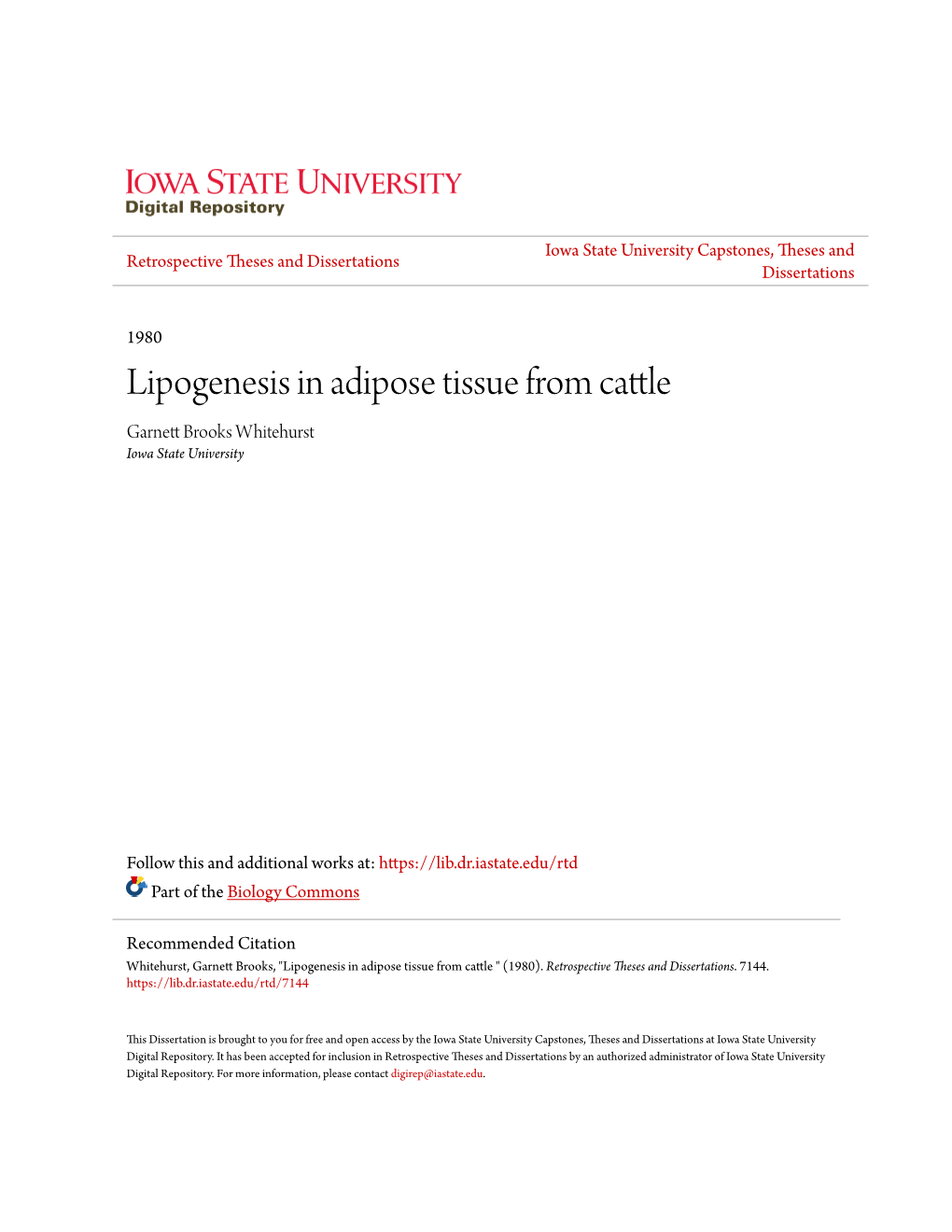 Lipogenesis in Adipose Tissue from Cattle Garnett Rb Ooks Whitehurst Iowa State University