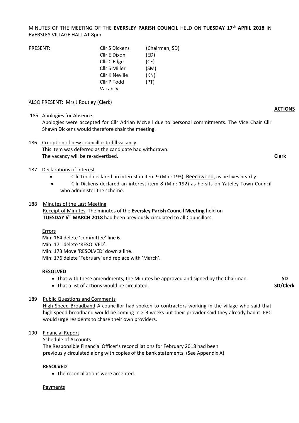 MINUTES of the MEETING of the EVERSLEY PARISH COUNCIL HELD on TUESDAY 17Th APRIL 2018 in EVERSLEY VILLAGE HALL at 8Pm