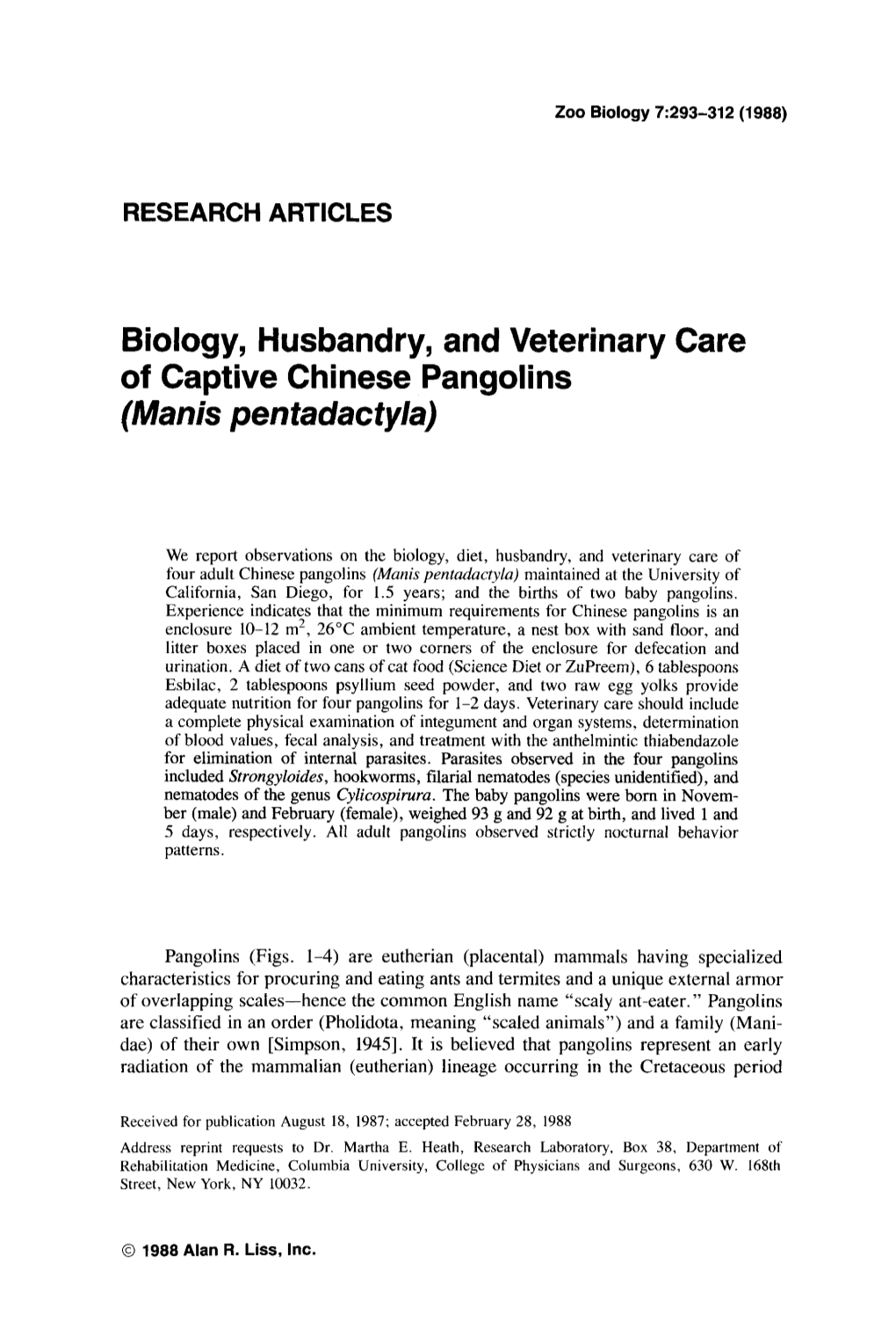 Biology, Husbandry, and Veterinary Care of Captive Chinese Pangolins (Manis Pentadactyla)