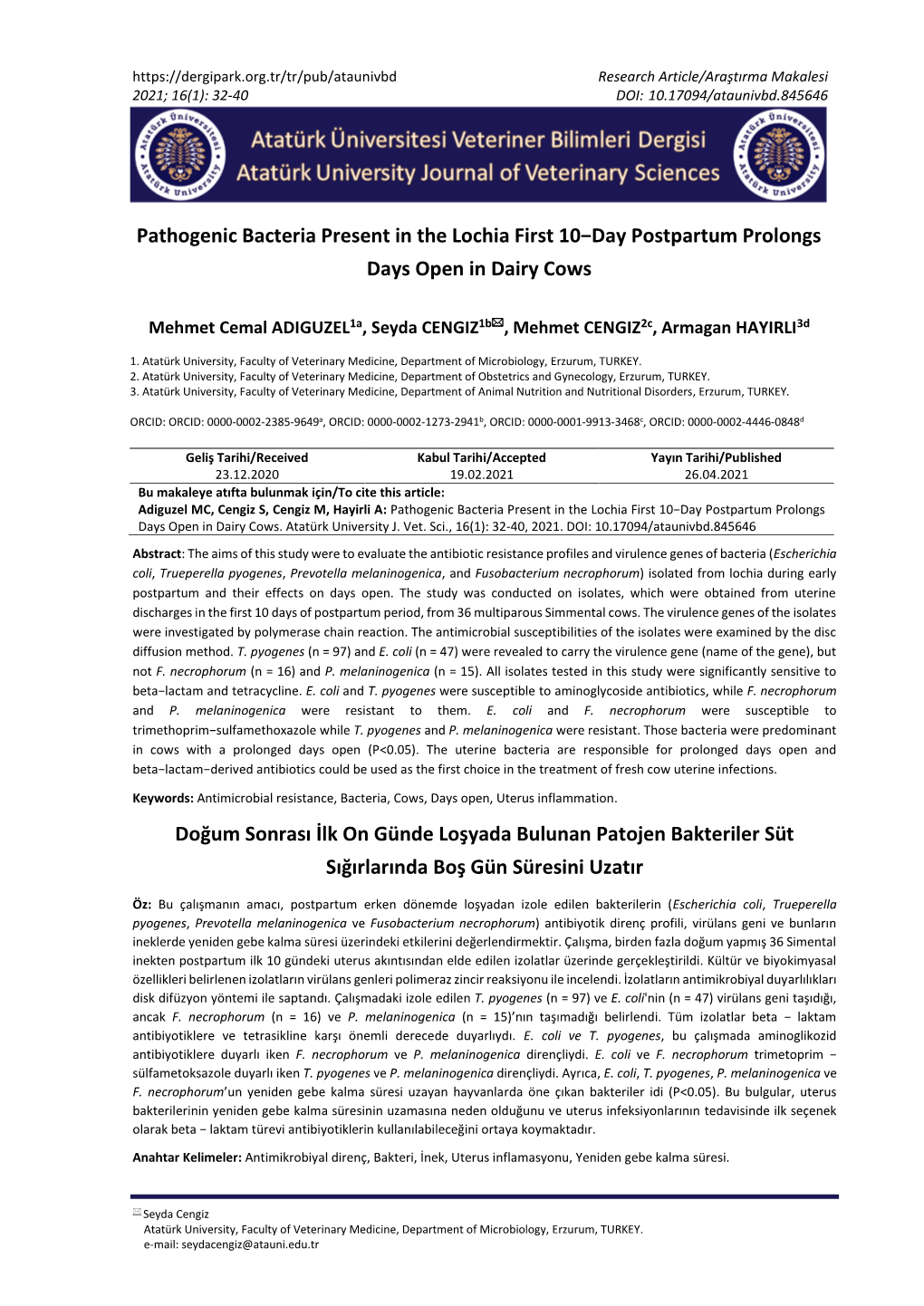 Pathogenic Bacteria Present in the Lochia First 10−Day Postpartum Prolongs Days Open in Dairy Cows