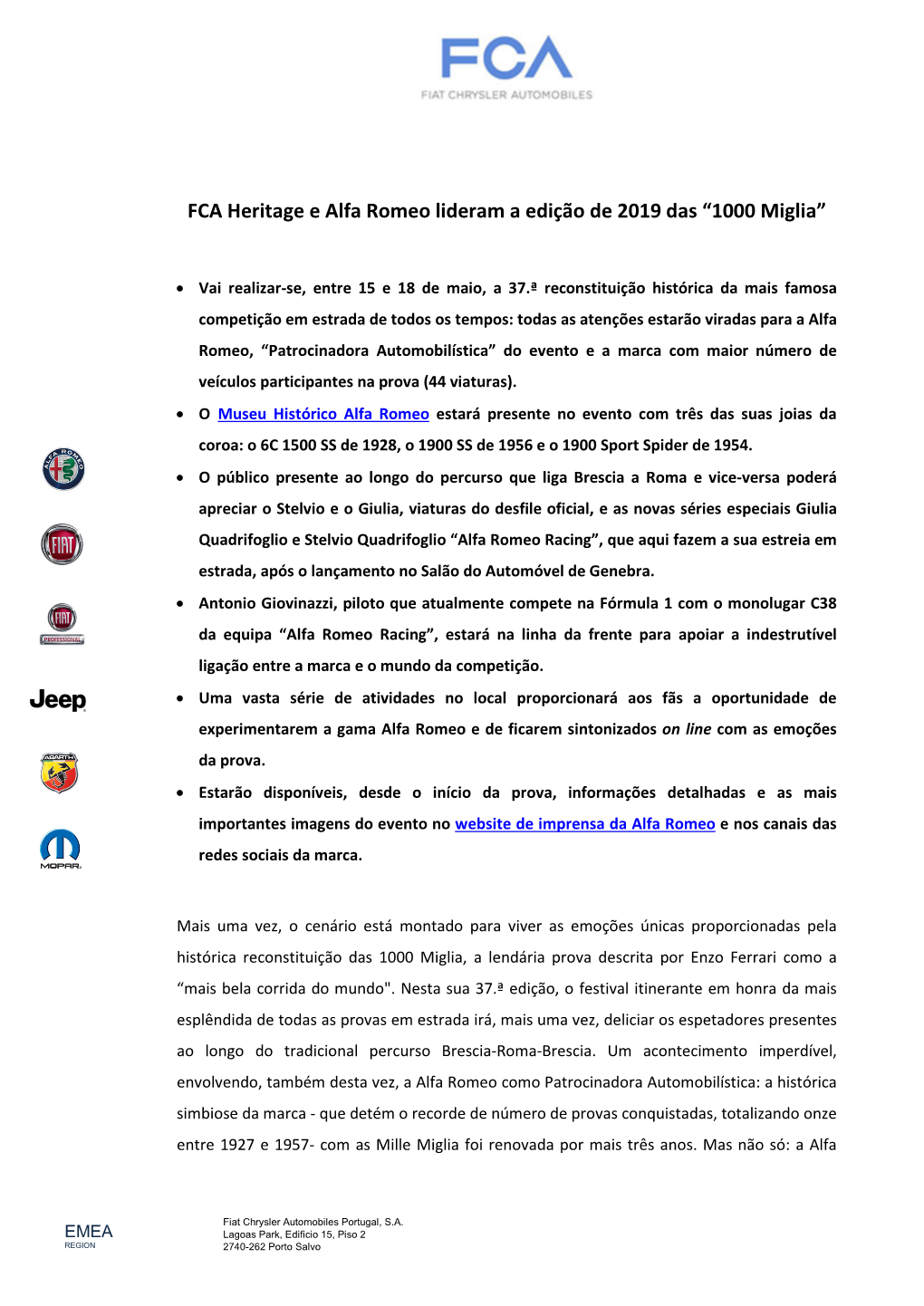 FCA Heritage E Alfa Romeo Lideram a Edição De 2019 Das “1000 Miglia”