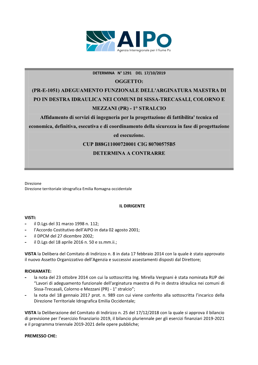 PR E 1051 Determina a Contrarre N. 1291 Del 17.10.2019 Servizi Di