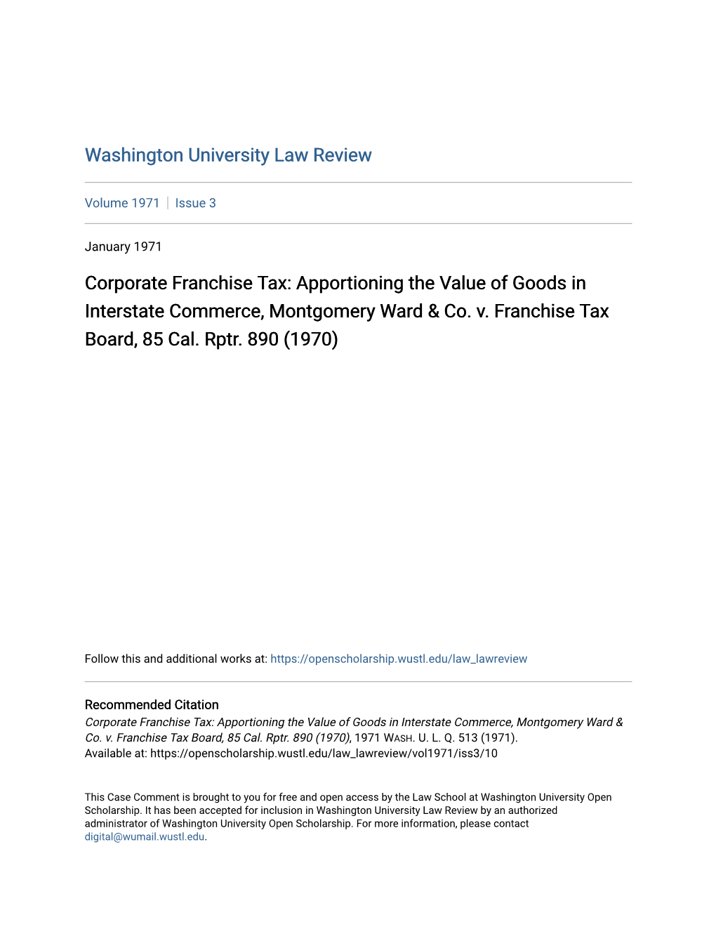 Corporate Franchise Tax: Apportioning the Value of Goods in Interstate Commerce, Montgomery Ward & Co