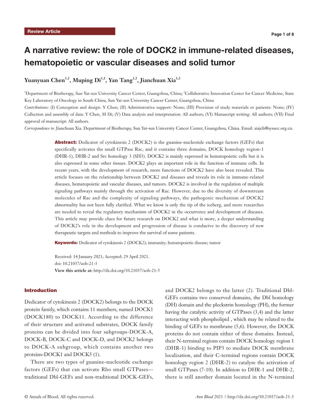 A Narrative Review: the Role of DOCK2 in Immune-Related Diseases, Hematopoietic Or Vascular Diseases and Solid Tumor