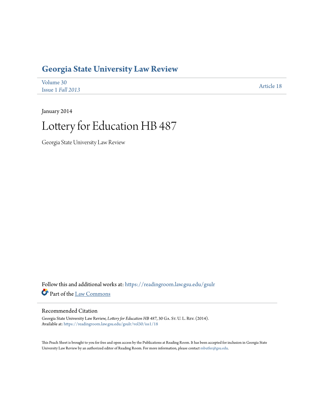 Lottery for Education HB 487 Georgia State University Law Review