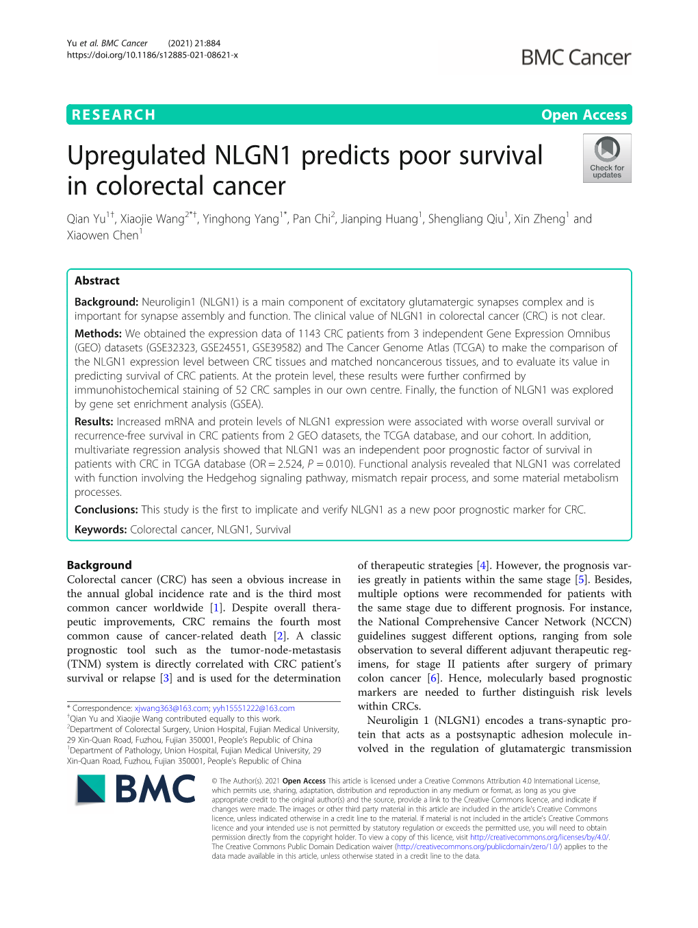 Upregulated NLGN1 Predicts Poor Survival in Colorectal Cancer