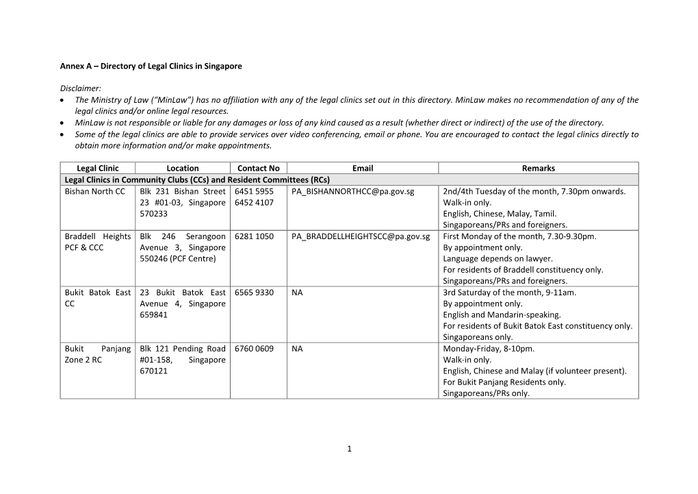 1 Annex a – Directory of Legal Clinics in Singapore Disclaimer