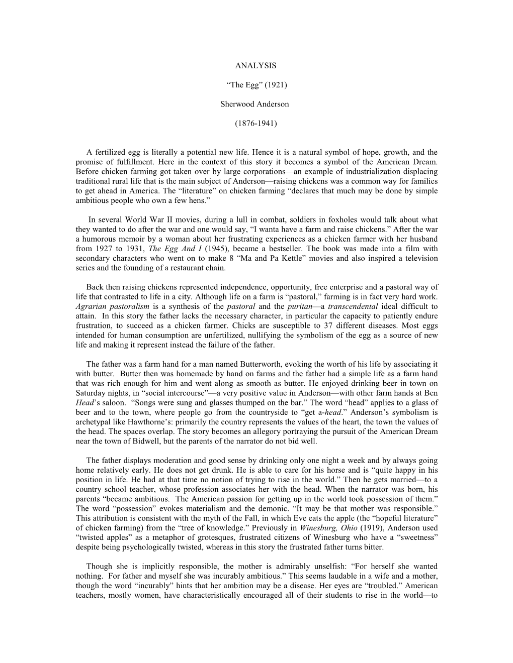 ANALYSIS “The Egg” (1921) Sherwood Anderson (1876-1941) A