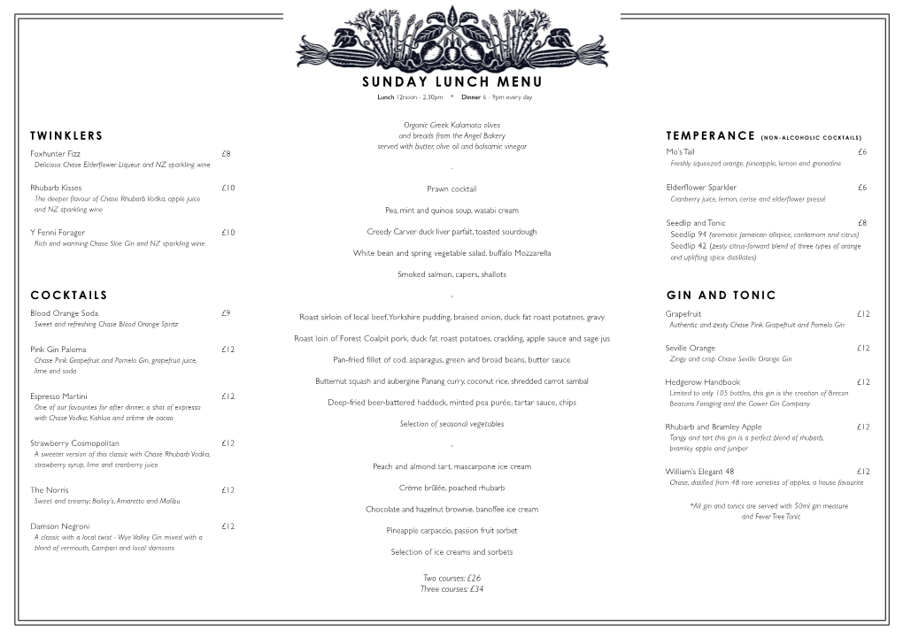 Example Sunday Lunch Menu