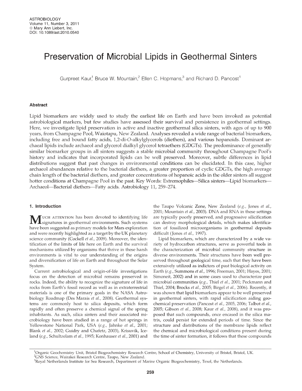 Preservation of Microbial Lipids in Geothermal Sinters