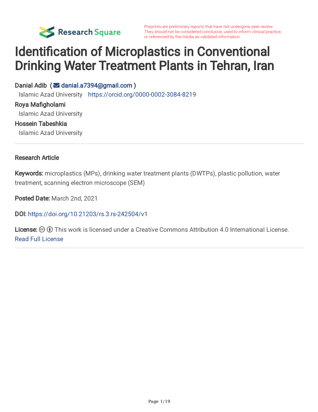 Identi Cation of Microplastics in Conventional Drinking Water