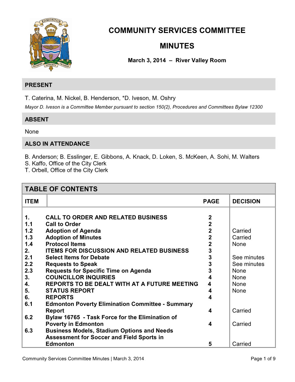 Minutes for 03/03/2014, Community Services Committee