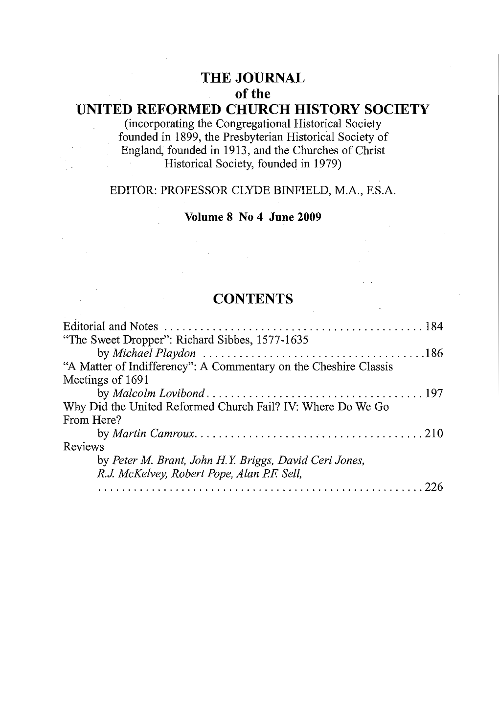 THE JOURNAL of the UNITED REFORMED CHURCH HISTORY