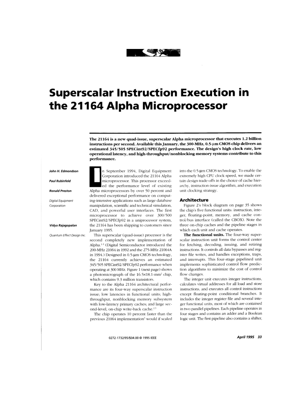 Superscalar Instruction Execution in the 21164 Alpha Microprocessor