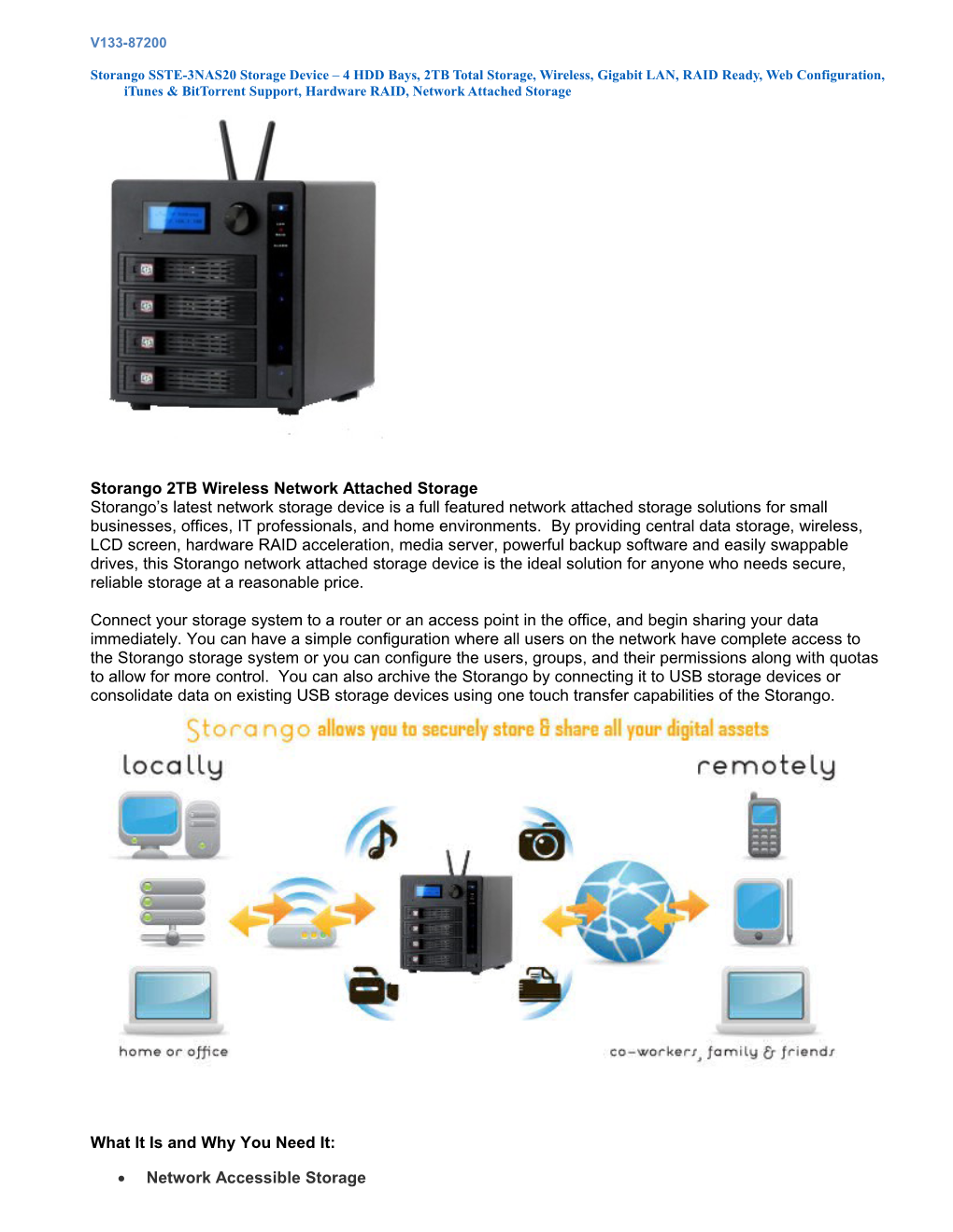 Storango SSTE-3NAS20 Storage Device 4 HDD Bays, 2TB Total Storage, Wireless, Gigabit LAN