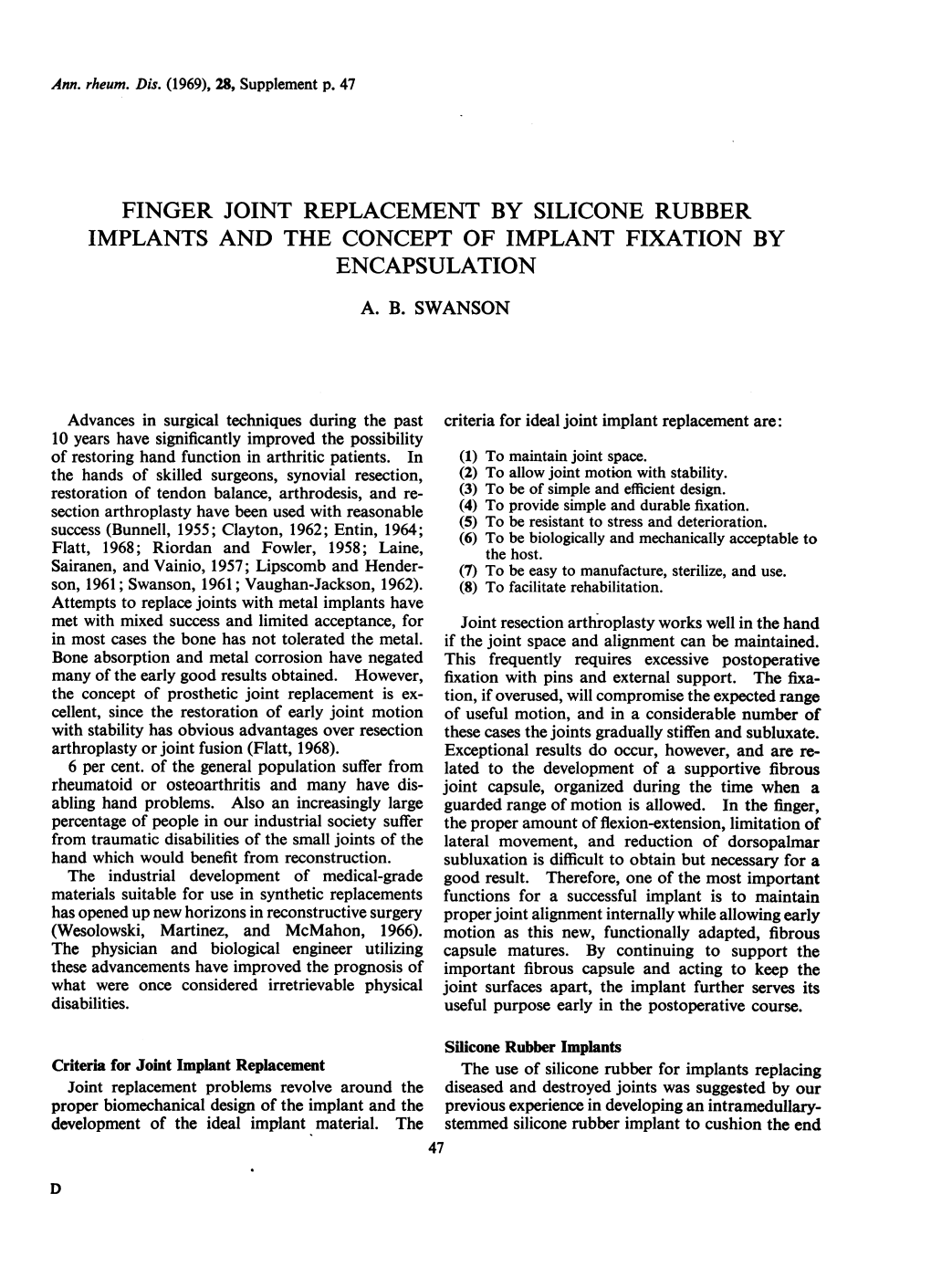 Finger Joint Replacement by Silicone Rubber Implants and the Concept of Implant Fixation by Encapsulation A