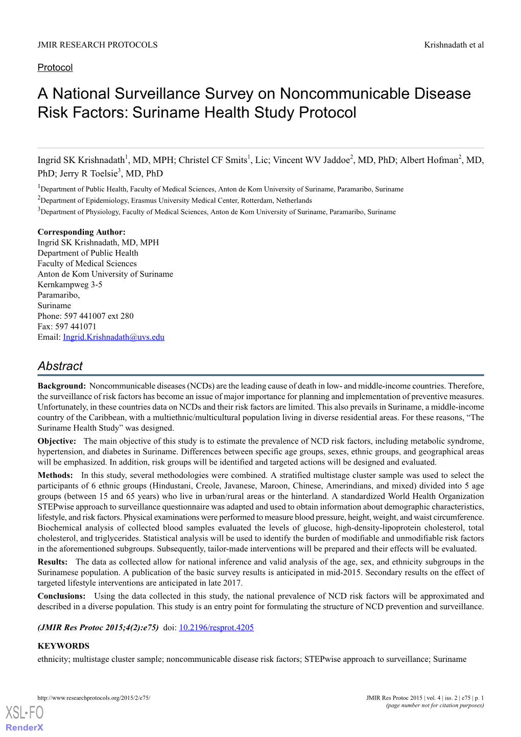 A National Surveillance Survey on Noncommunicable Disease Risk Factors: Suriname Health Study Protocol