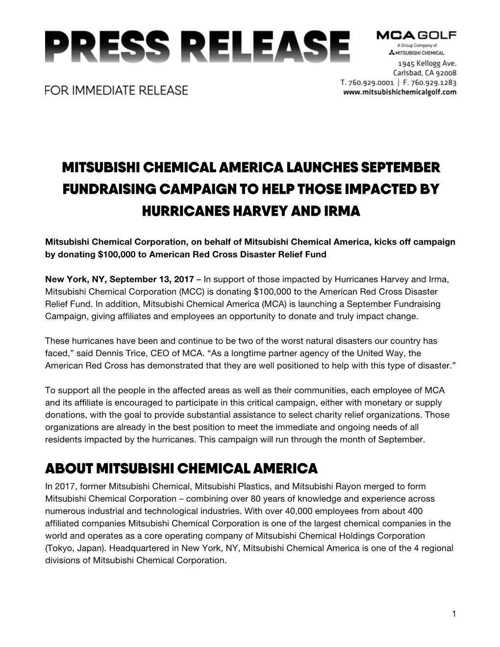 Mitsubishi Chemical America Launches September Fundraising Campaign to Help Those Impacted by Hurricanes Harvey and Irma