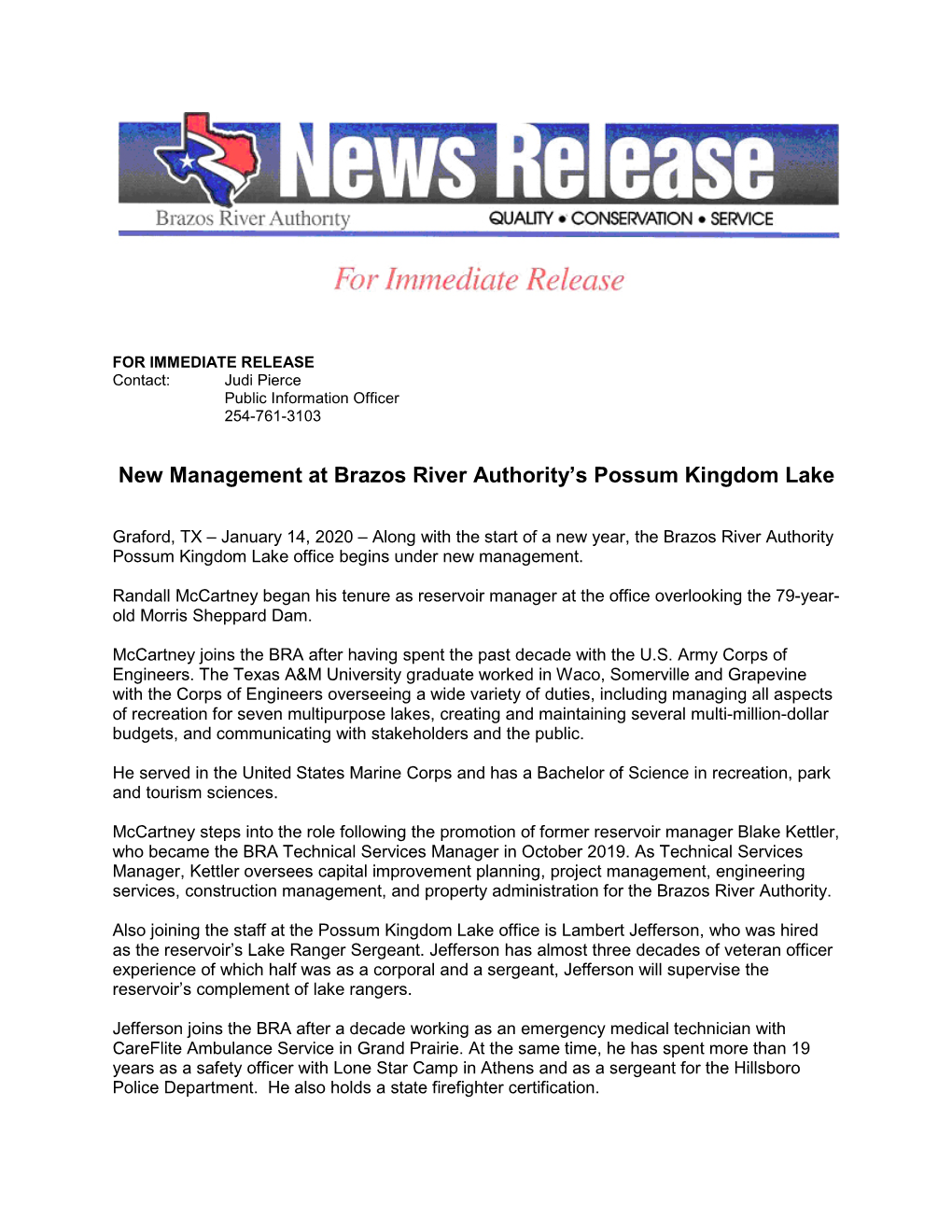 New Management at Brazos River Authority's Possum Kingdom Lake