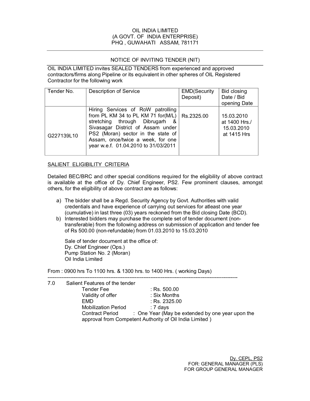 Phq , Guwahati Assam, 781171 Notice of Inviting Tender