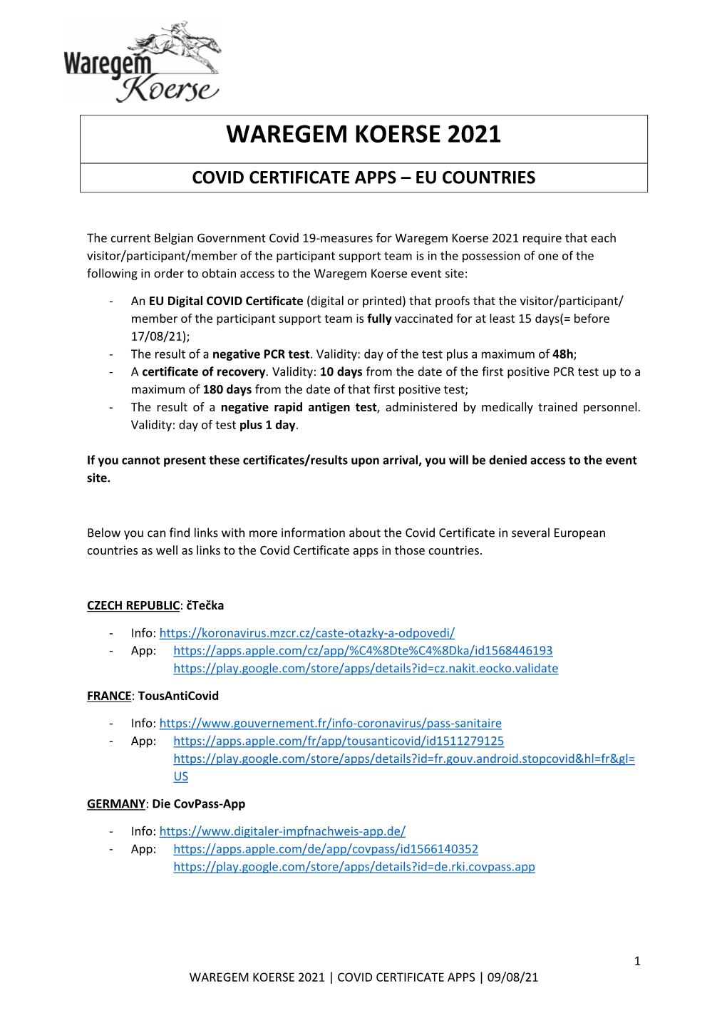 Waregem Koerse 2021 Covid Certificate Apps – Eu Countries
