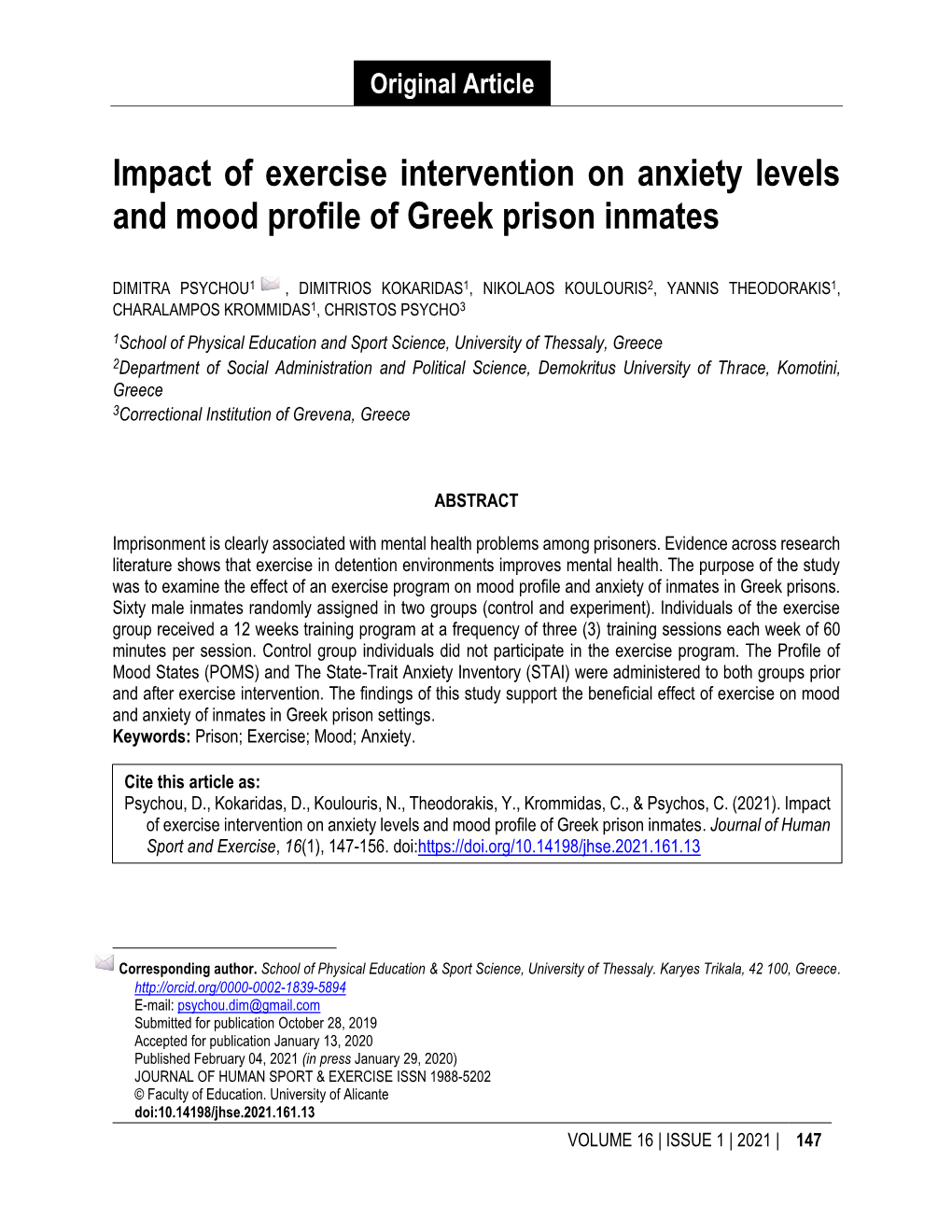Impact of Exercise Intervention on Anxiety Levels and Mood Profile of Greek Prison Inmates