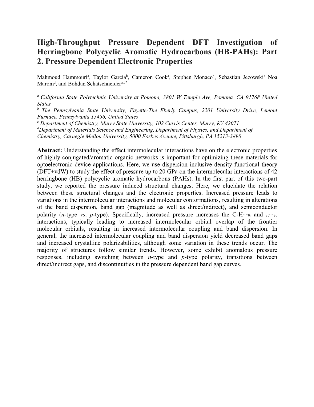 Part 2. Pressure Dependent Electronic Properties