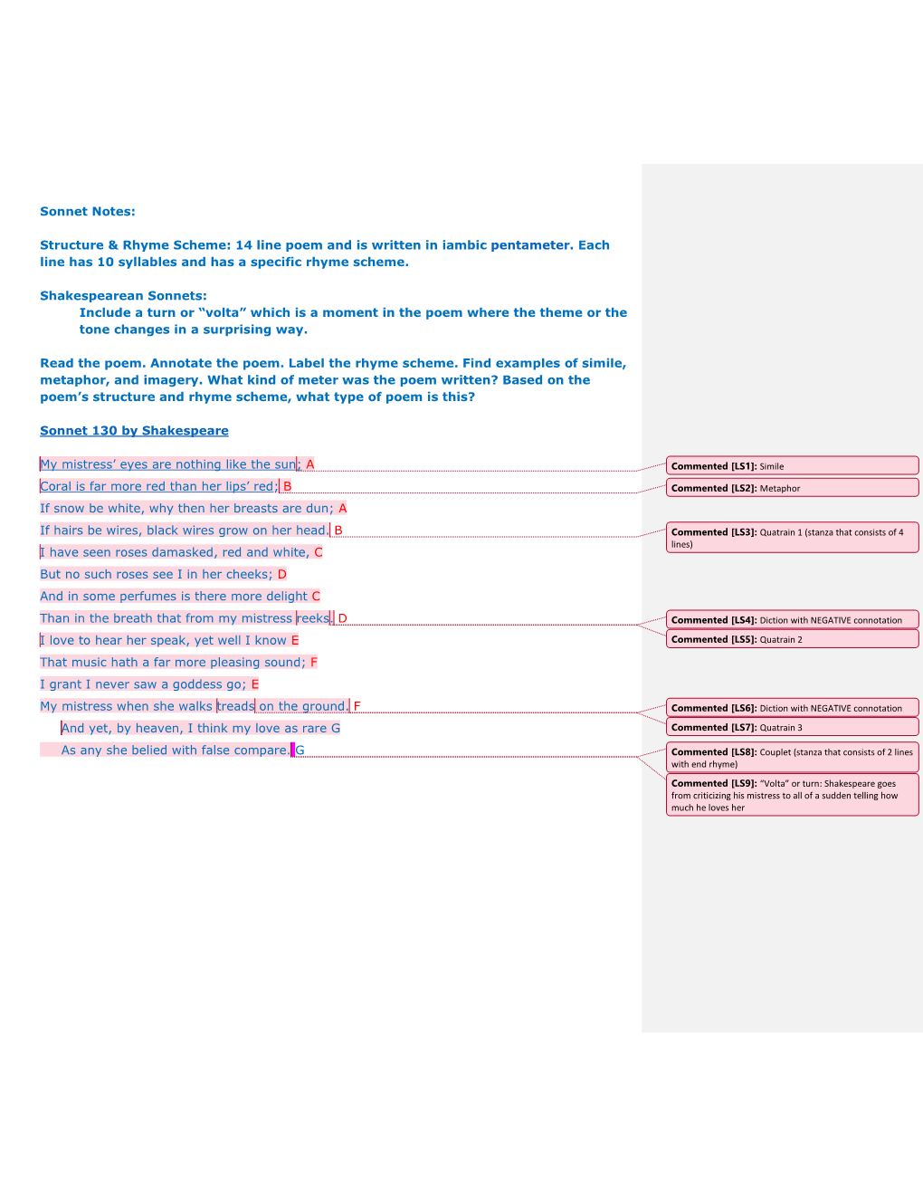 Sonnet Notes: Structure & Rhyme Scheme: 14 Line Poem and Is