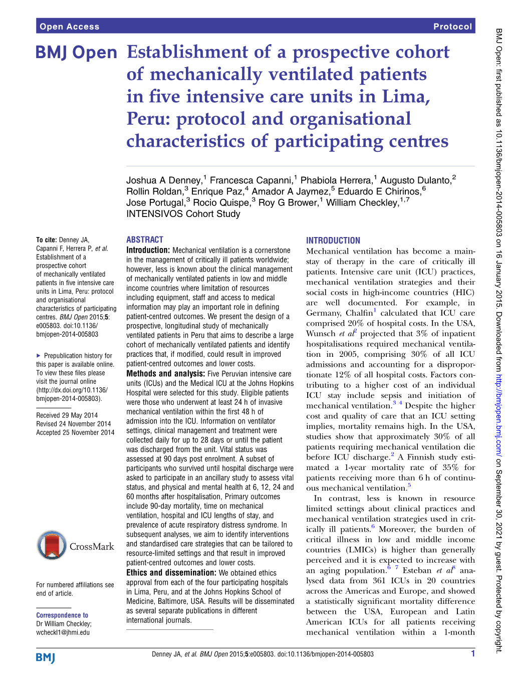 Establishment of a Prospective Cohort of Mechanically Ventilated Patients