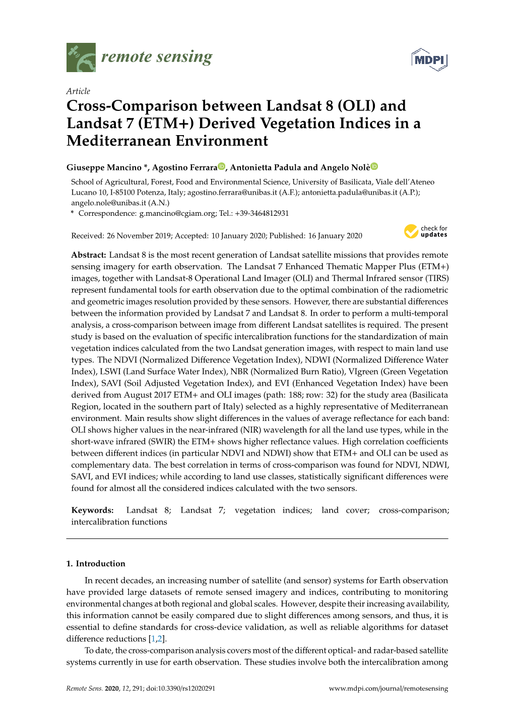 (OLI) and Landsat 7 (ETM+) Derived Vegetation Indices in a Mediterranean Environment