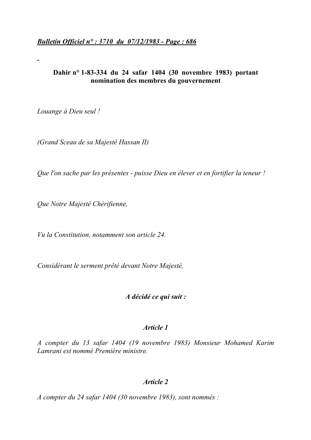 (30 Novembre 1983) Portant Nomination Des Membres Du Gouvernement