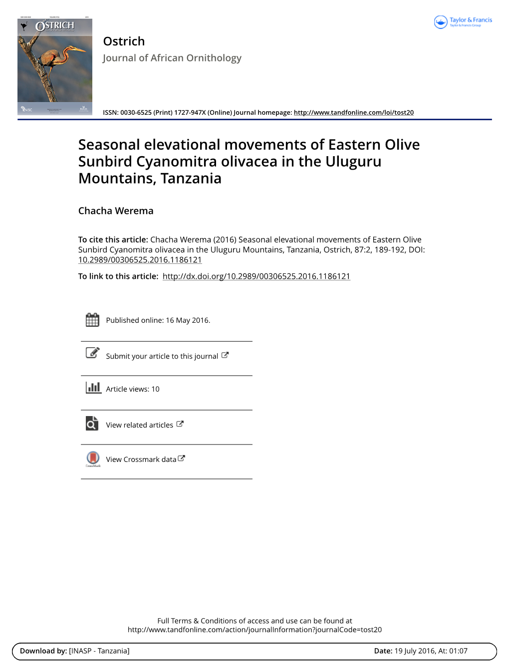 Seasonal Elevational Movements of Eastern Olive Sunbird Cyanomitra Olivacea in the Uluguru Mountains, Tanzania