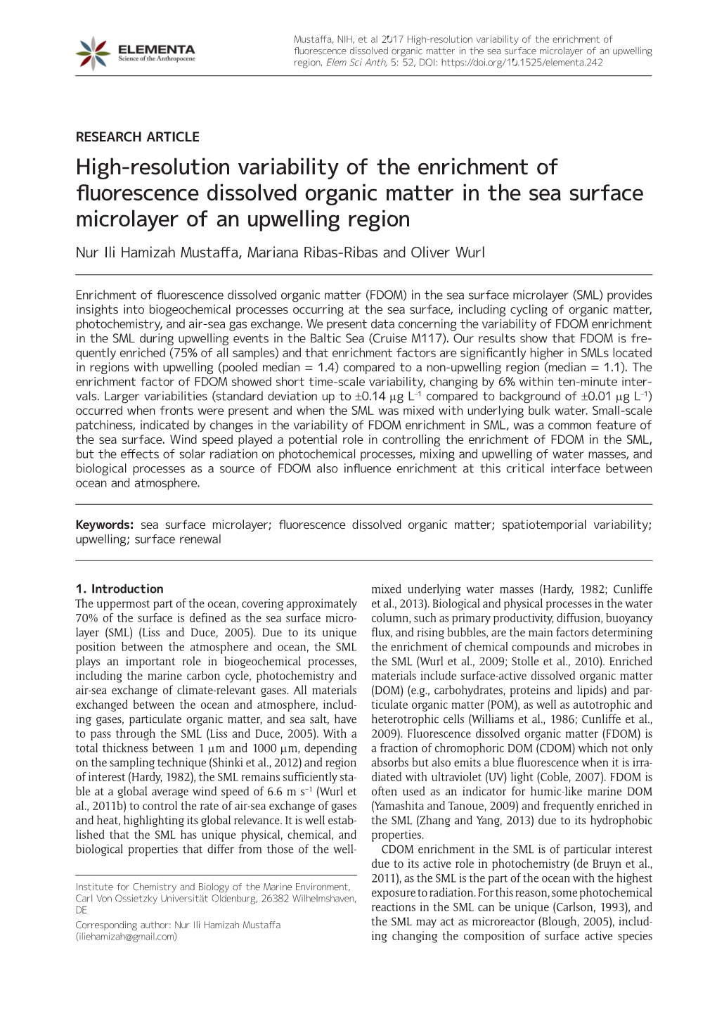 High-Resolution Variability of the Enrichment of Fluorescence Dissolved Organic Matter in the Sea Surface Microlayer of an Upwelling Region