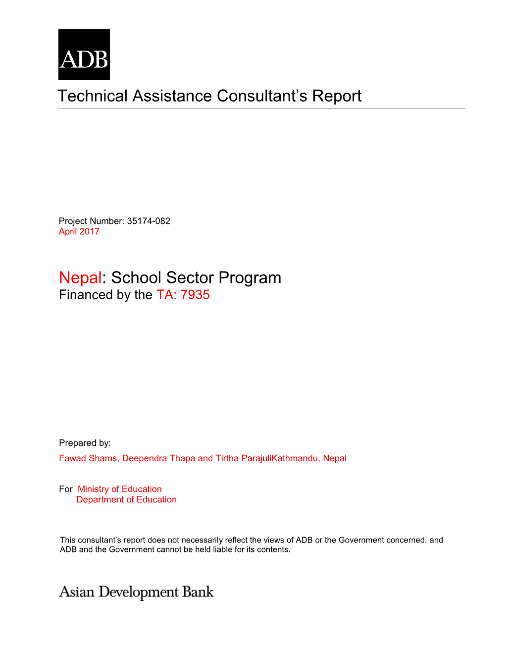 Technical Assistance Consultant's Report Nepal: School Sector Program