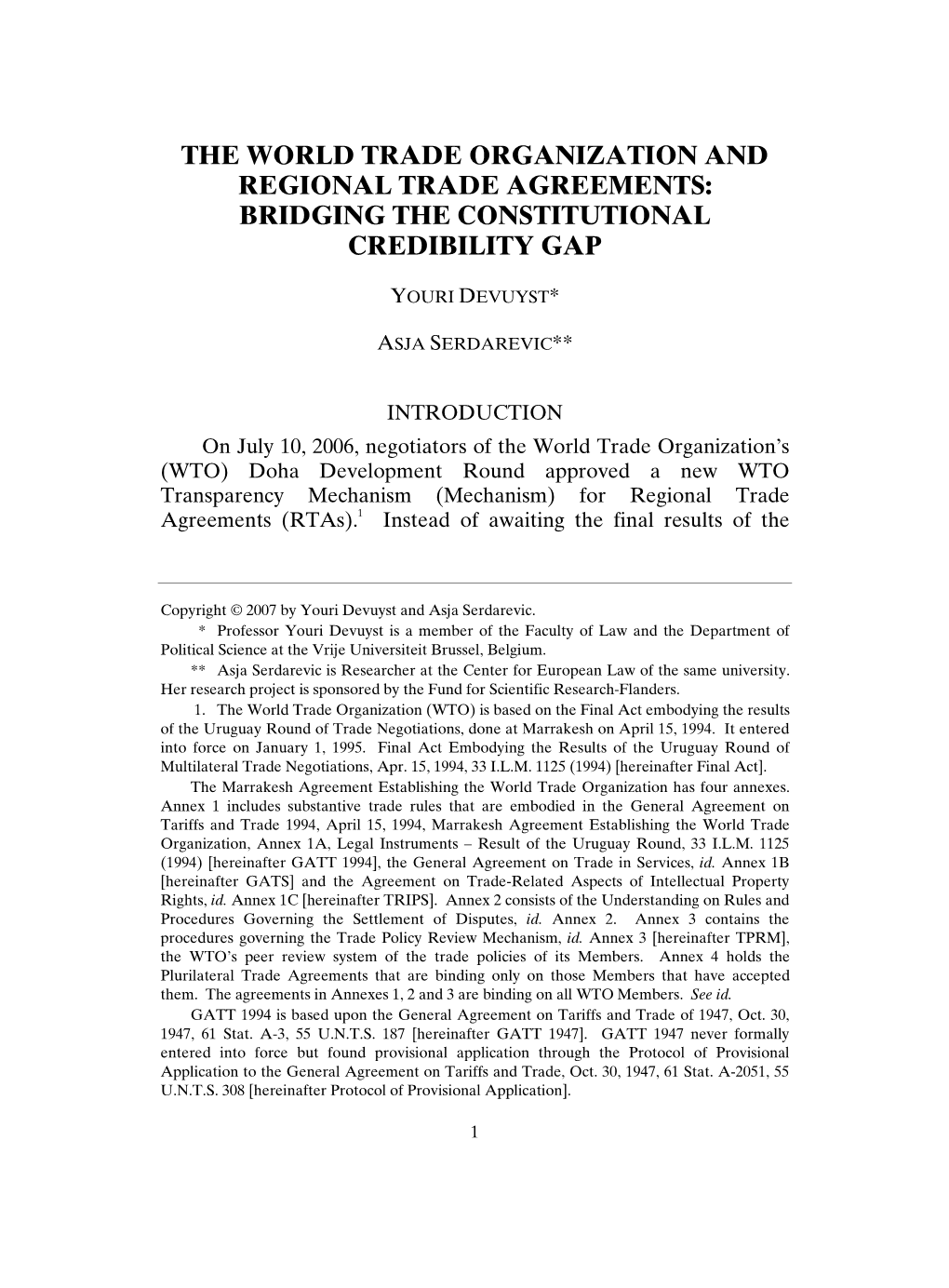 The World Trade Organization and Regional Trade Agreements: Bridging the Constitutional Credibility Gap