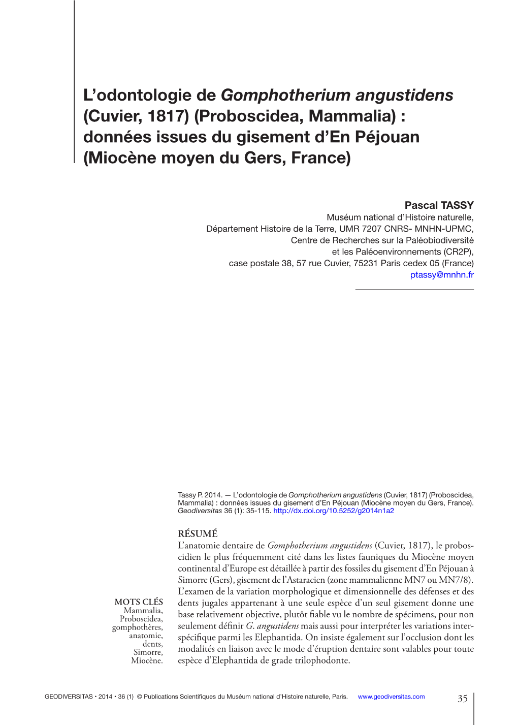 L'odontologie De Gomphotherium Angustidens (Cuvier, 1817)