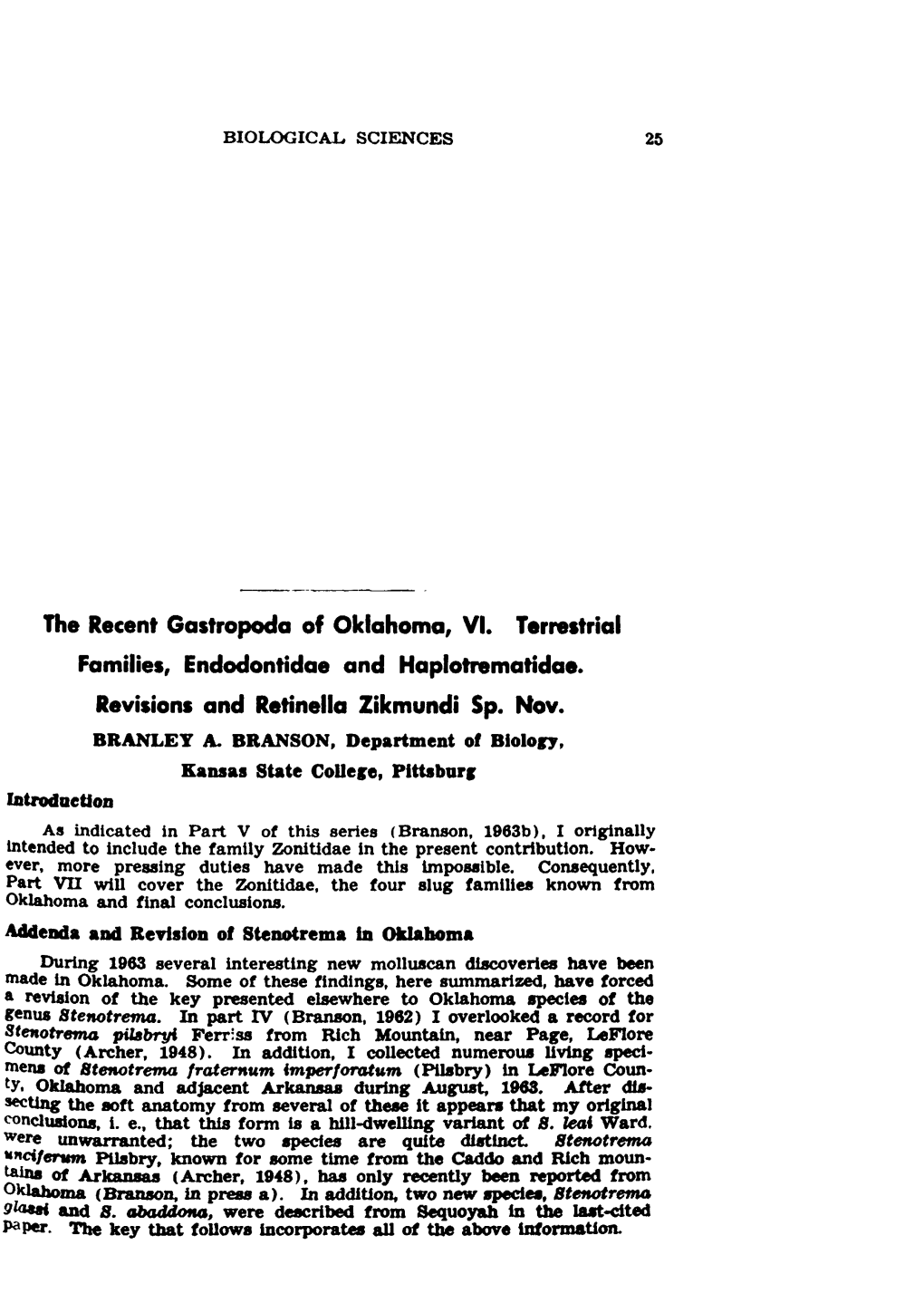 The Recent Gastropoda of Oklahoma, VI. Terrestrial Families, Endodontidae and Haplotrematidae