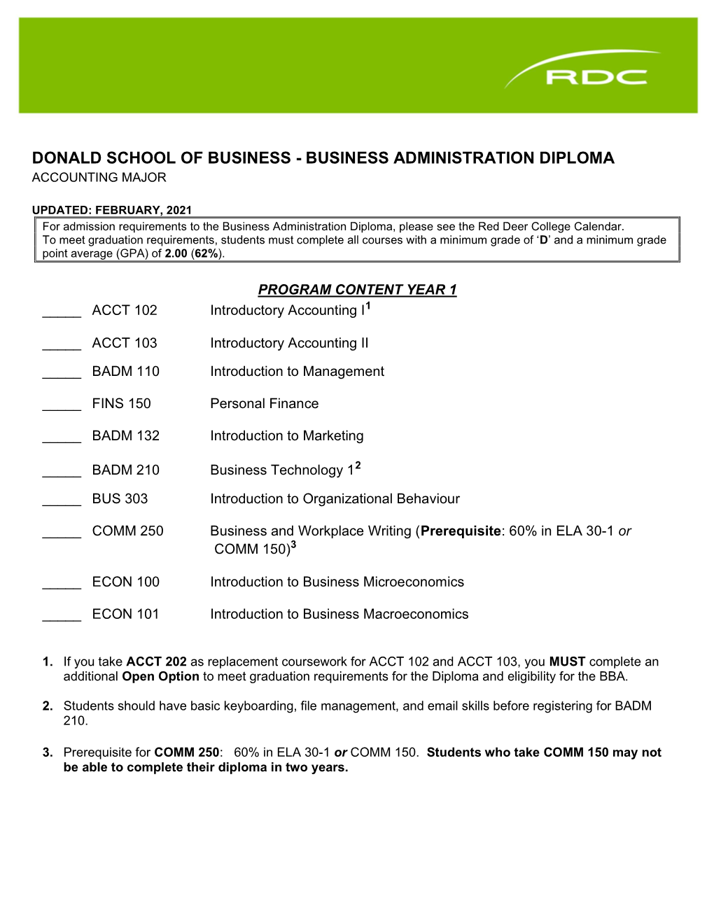 Donald School of Business - Business Administration Diploma Accounting Major