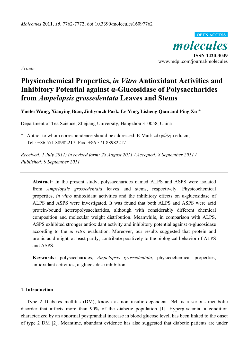 Physicochemical Properties, in Vitro Antioxidant Activities and Inhibitory