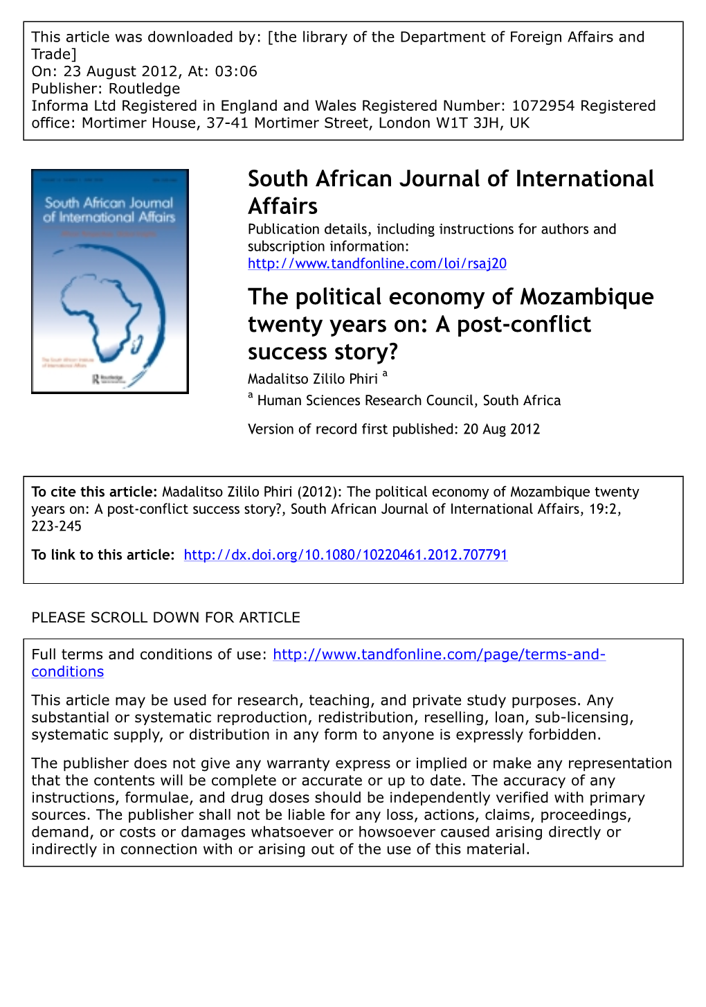 The Political Economy of Mozambique Twenty Years On