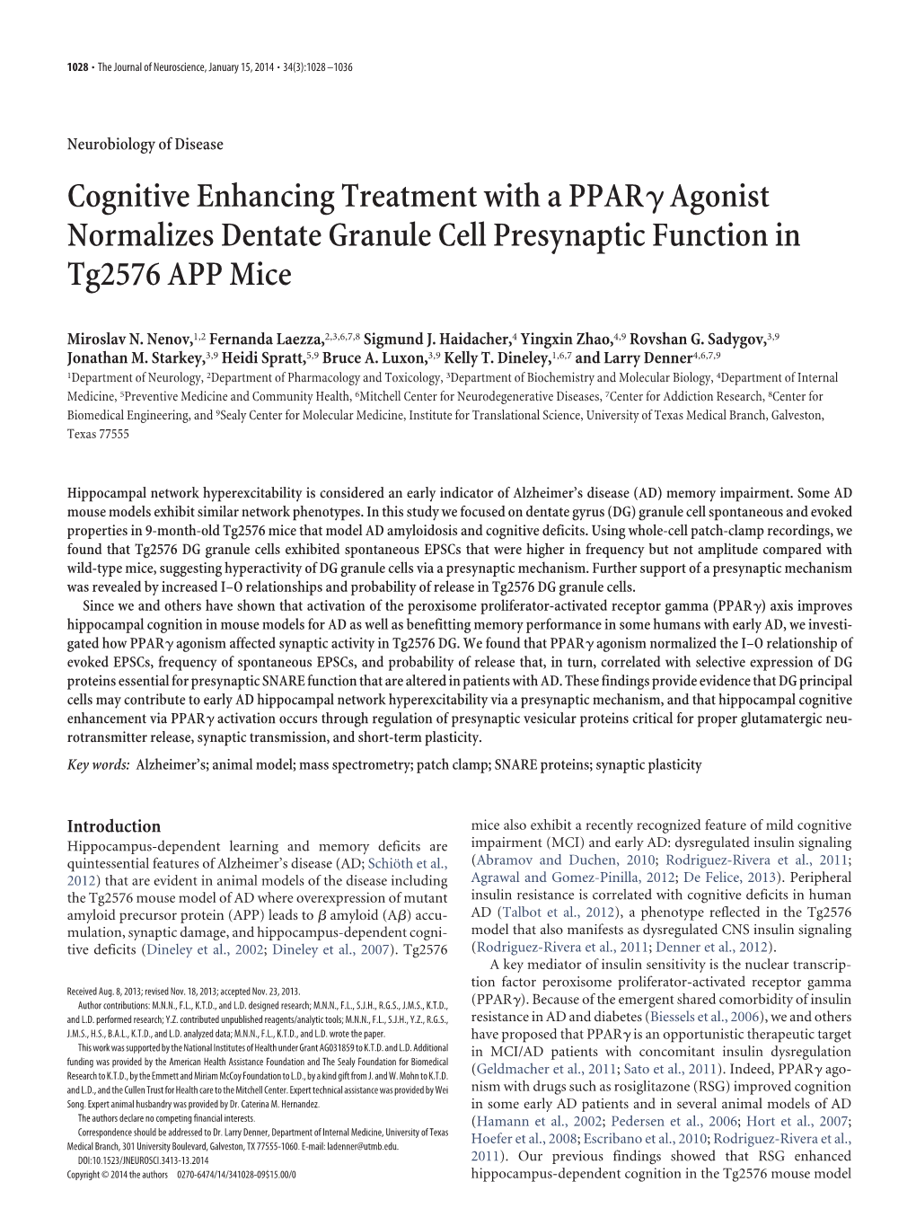 Cognitive Enhancing Treatment with a PPAR Agonist Normalizes Dentate Granule Cell Presynaptic Function in Tg2576 APP Mice