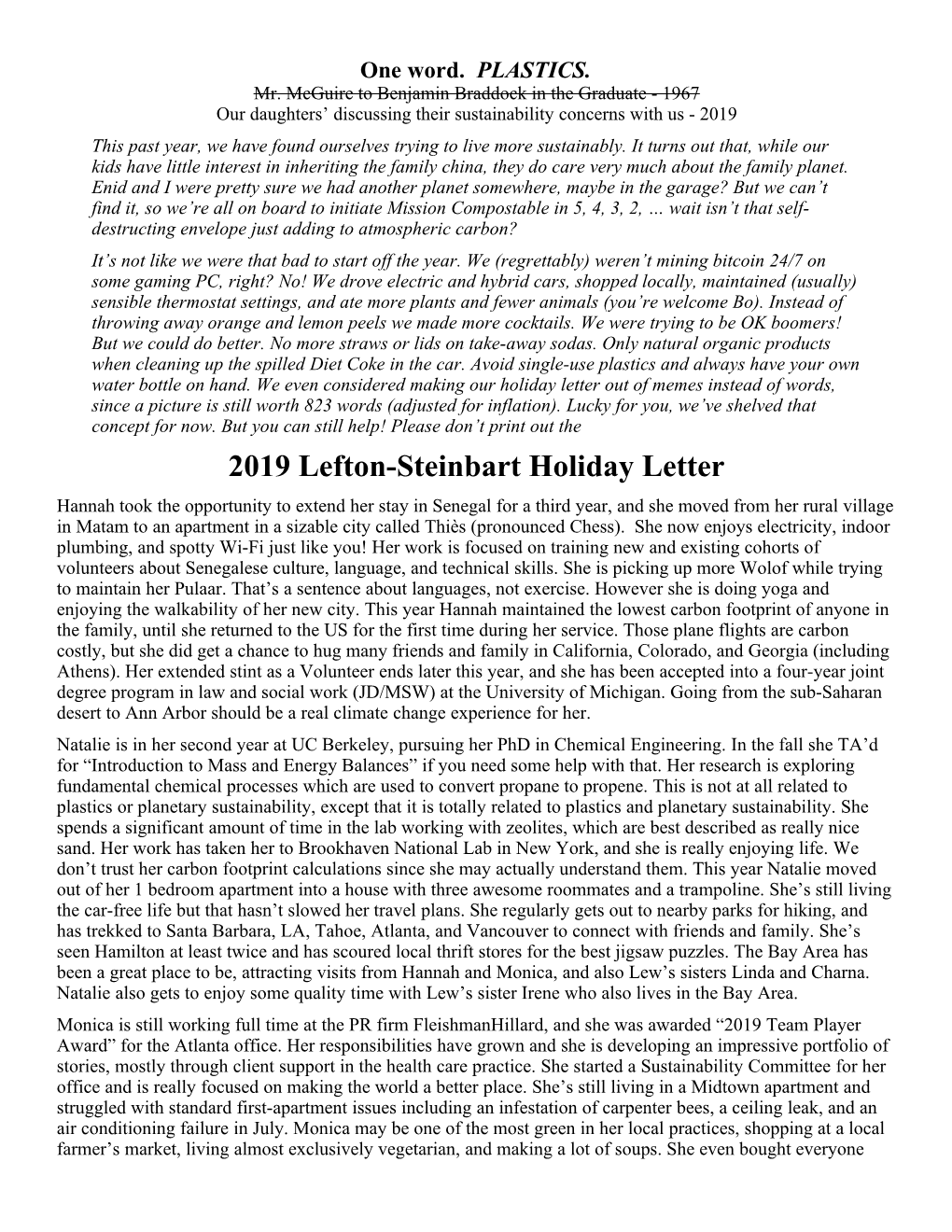 2019 Lefton-Steinbart Holiday Letter